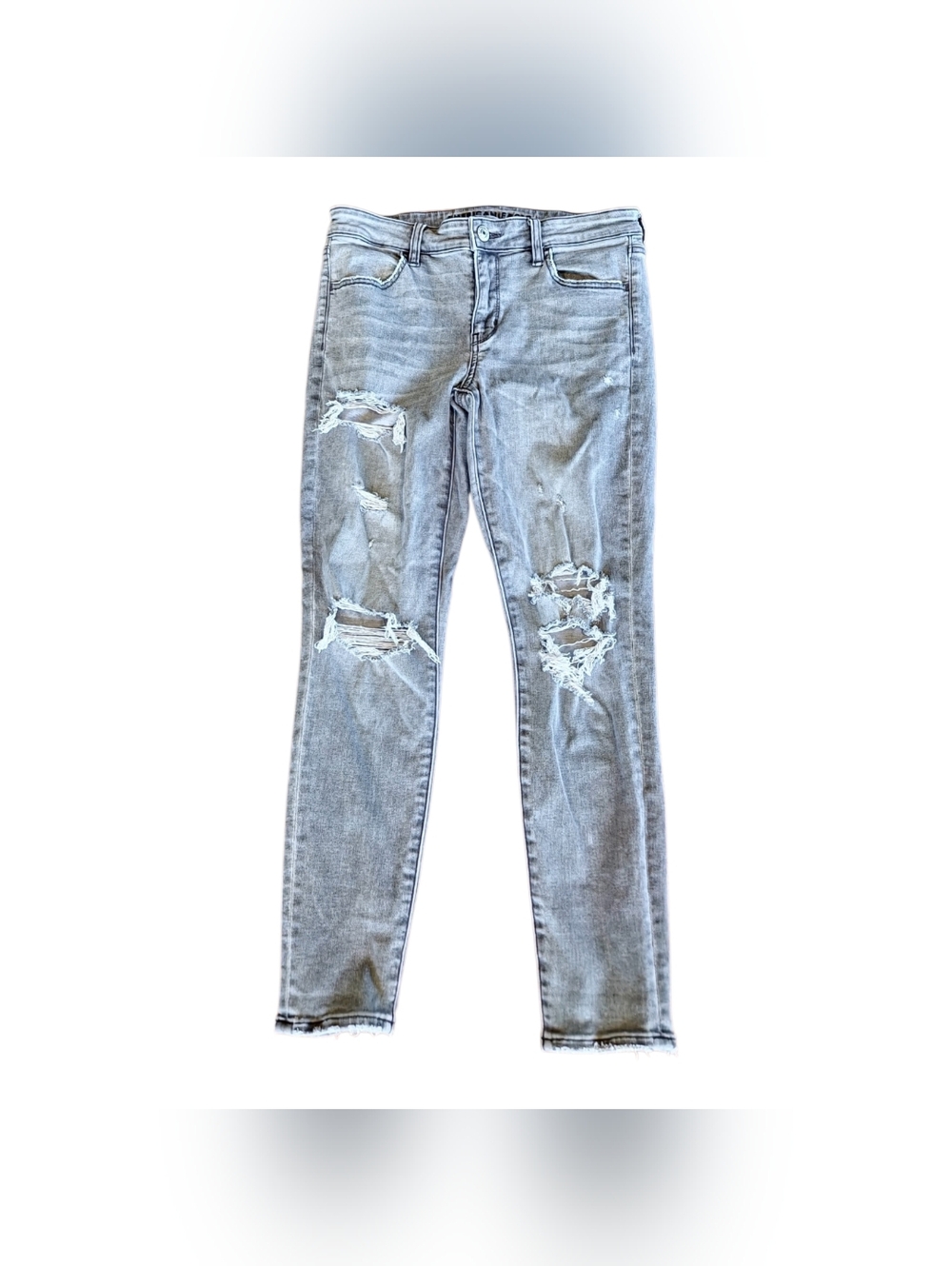 American Eagle Gray Distressed Jeggings Size 8 Short Mid Rise Grunge Destroyed